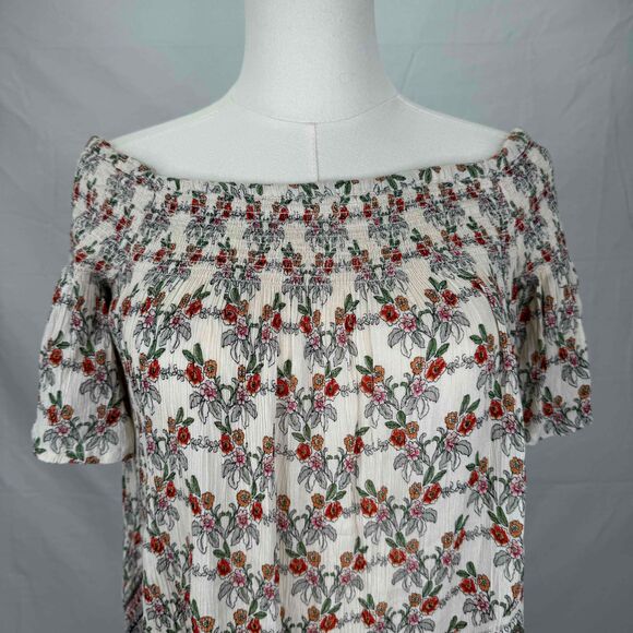 Aqua Floral Smocked Tunic Dress Off Shoulder Knee Length Small Bohemian Relaxed - Picture 4 of 12